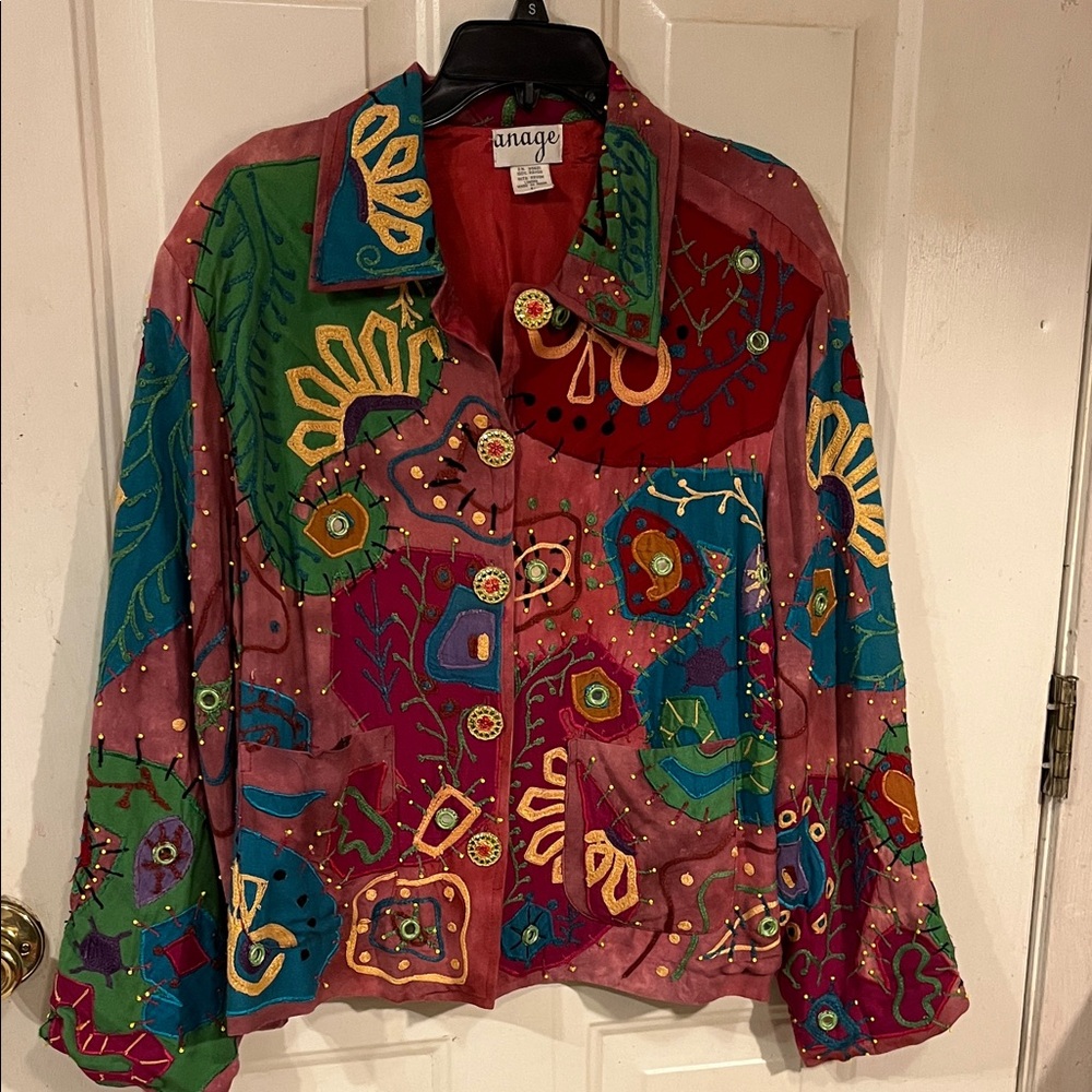 Anage Colorful Embroidered Button Down Shirt Boho Hippie Embroidered mirrors